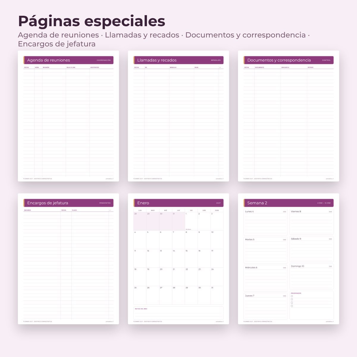 Páginas especiales del Planner Asistente administrativa 2027