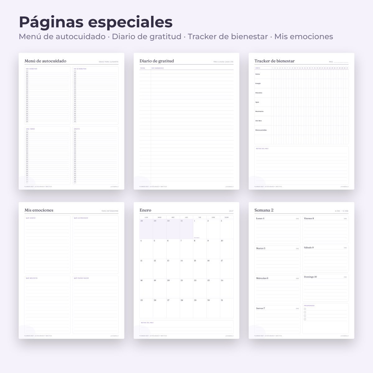 Páginas especiales del Planner Autocuidado y gratitud 2027