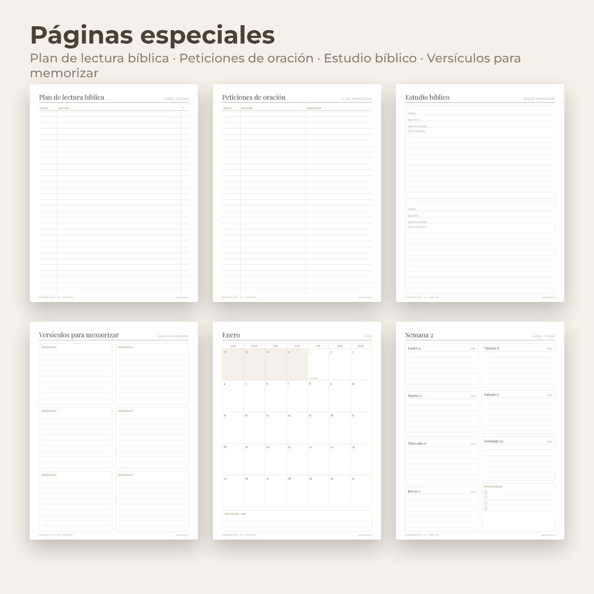 Páginas especiales del Planner Fe y oración 2027