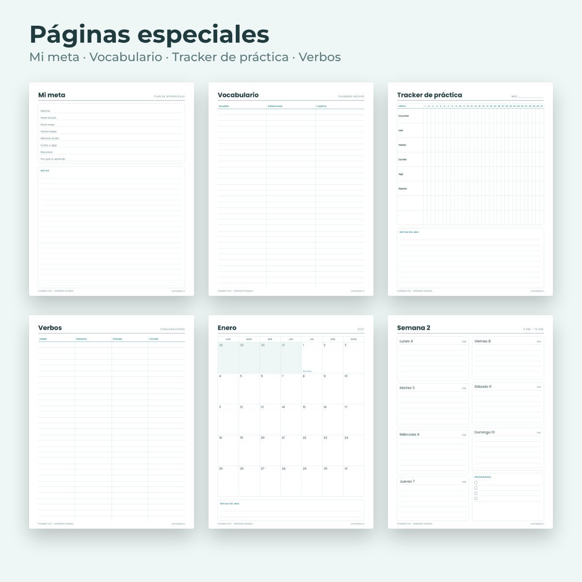 Páginas especiales del Planner Aprender idiomas 2027