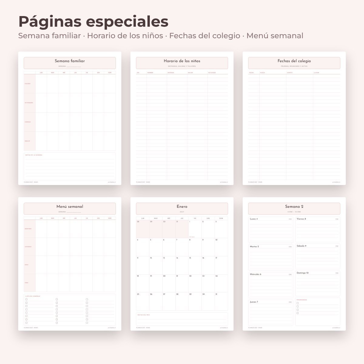 Páginas especiales del Planner Mamá 2027