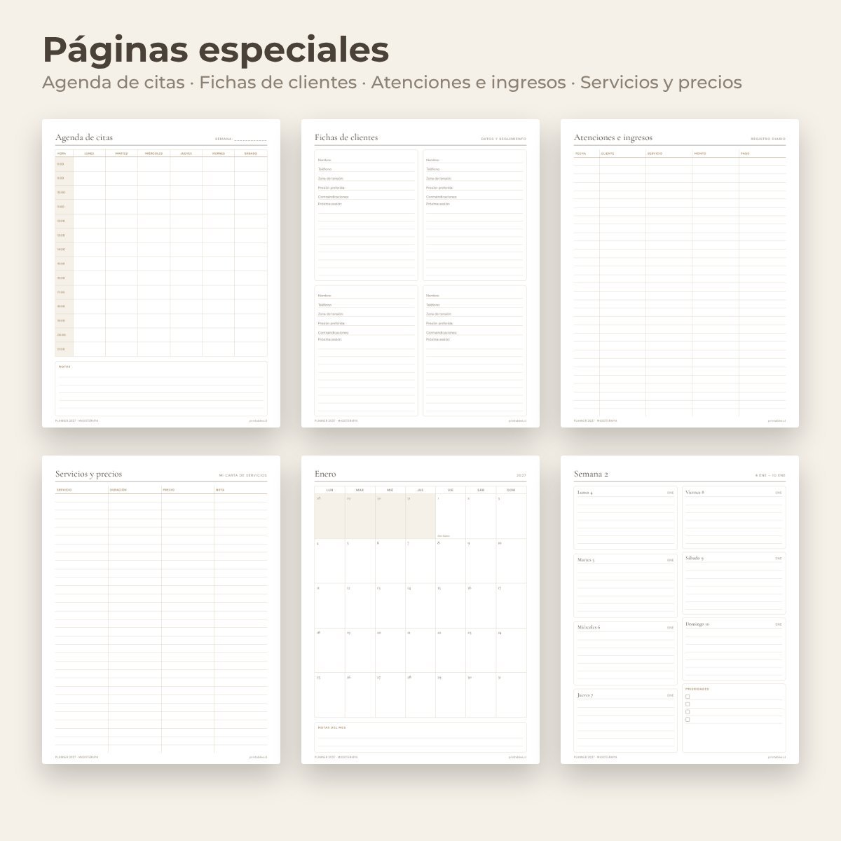 Páginas especiales del Planner Masoterapia 2027