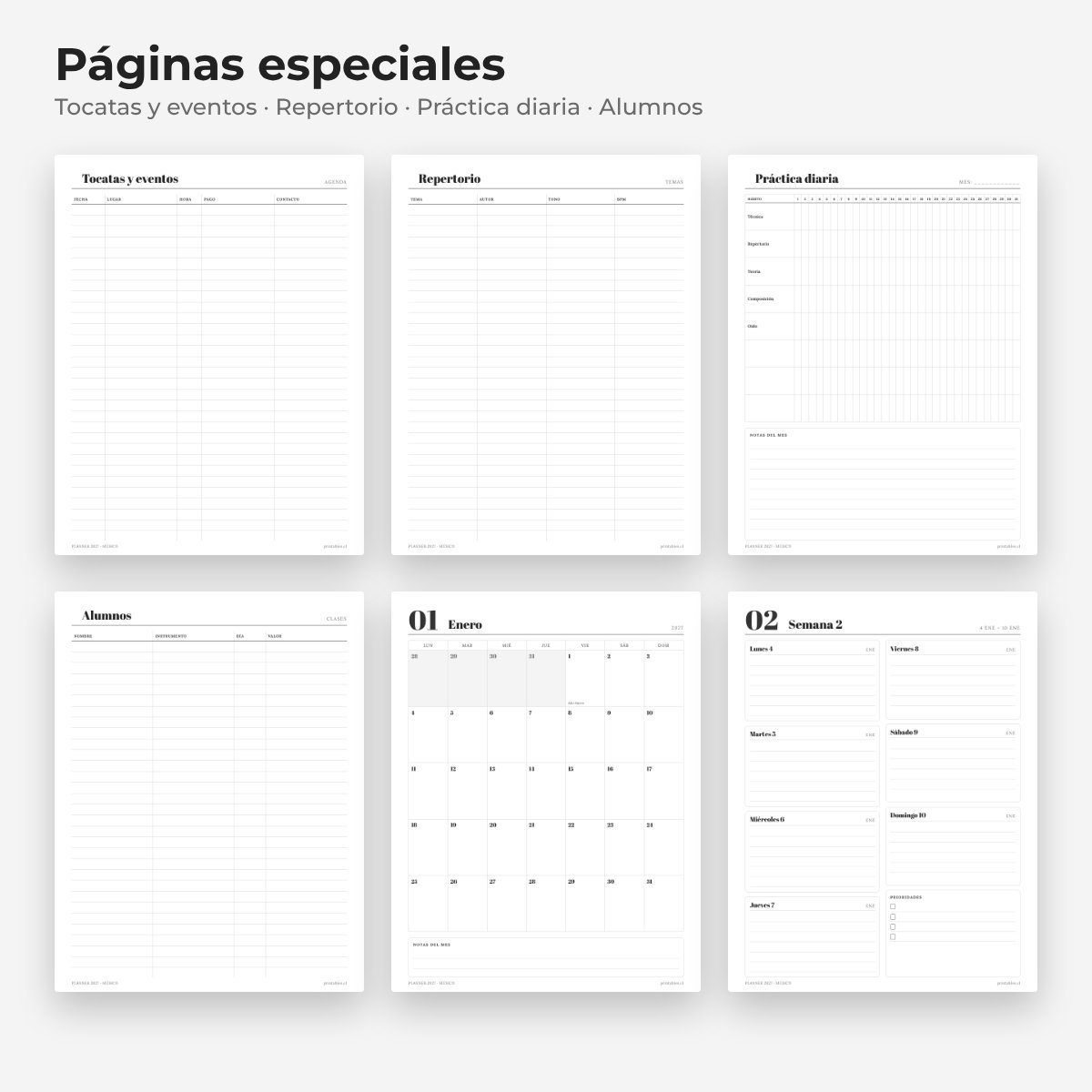 Páginas especiales del Planner Músico 2027