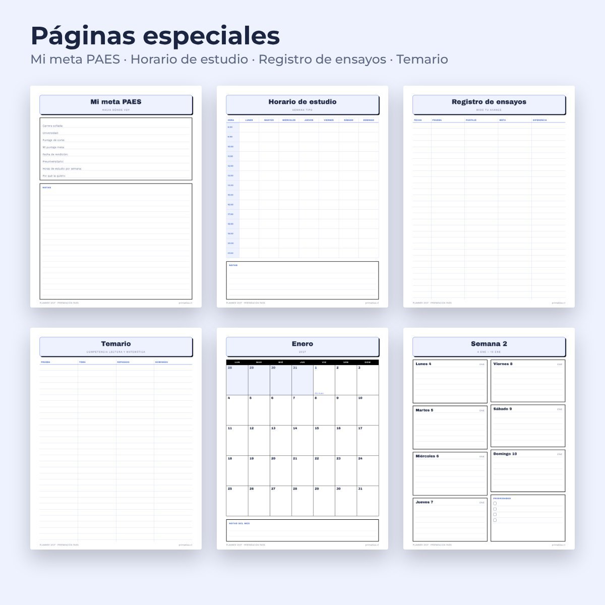 Páginas especiales del Planner Preparación PAES 2027