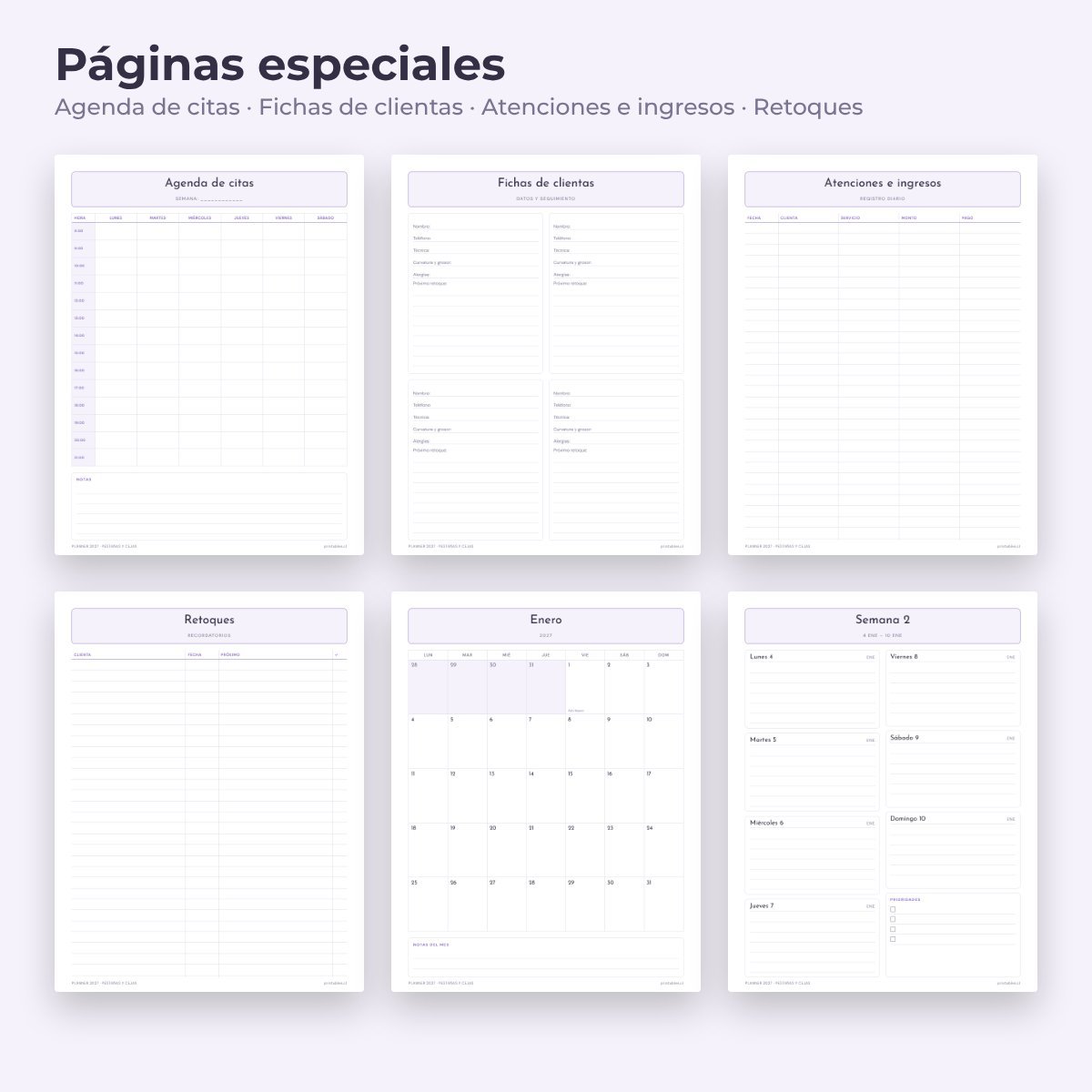 Páginas especiales del Planner Pestañas y cejas 2027