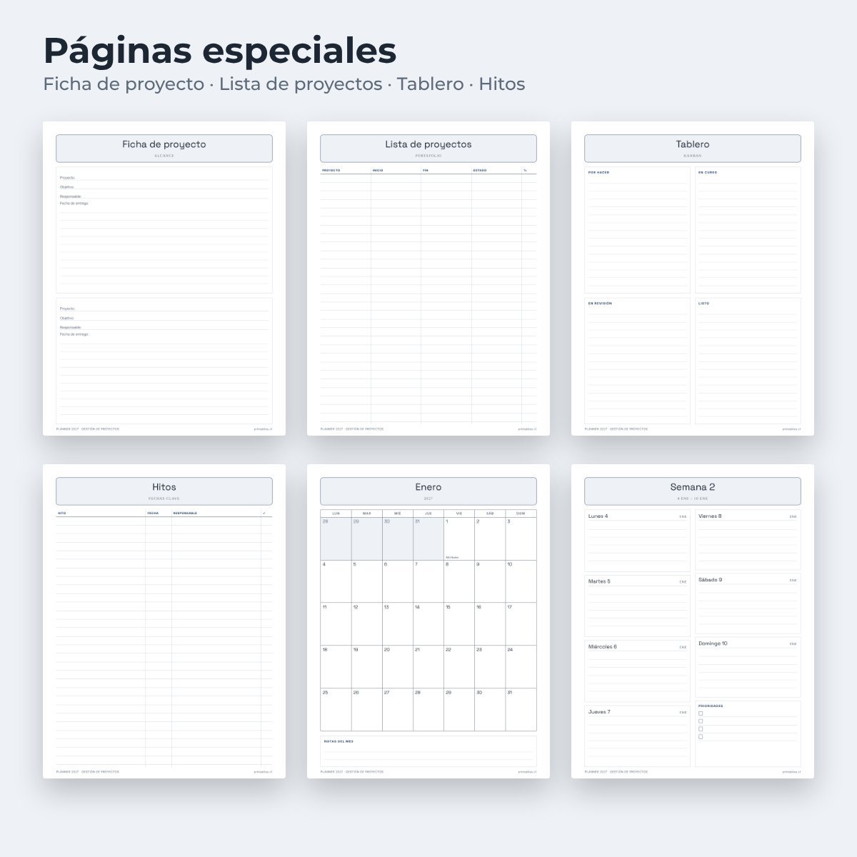 Páginas especiales del Planner Gestión de proyectos 2027
