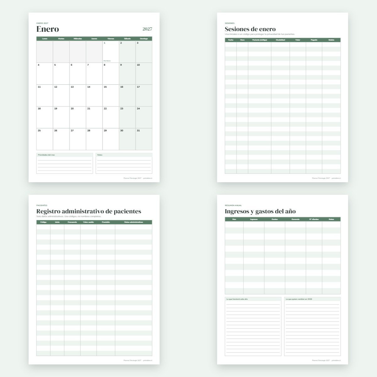 Páginas interiores del Planner Psicología 2027