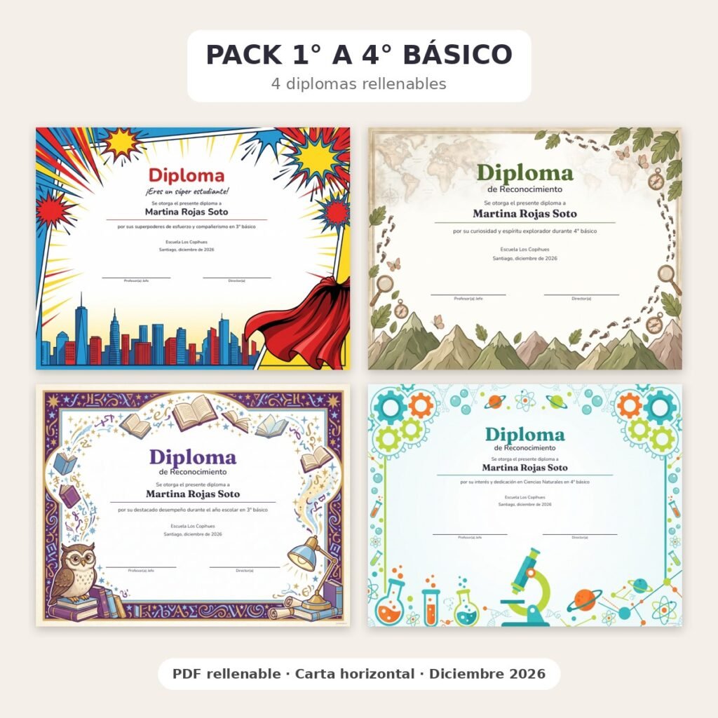Pack Diplomas 1° a 4° básico · 4 diplomas