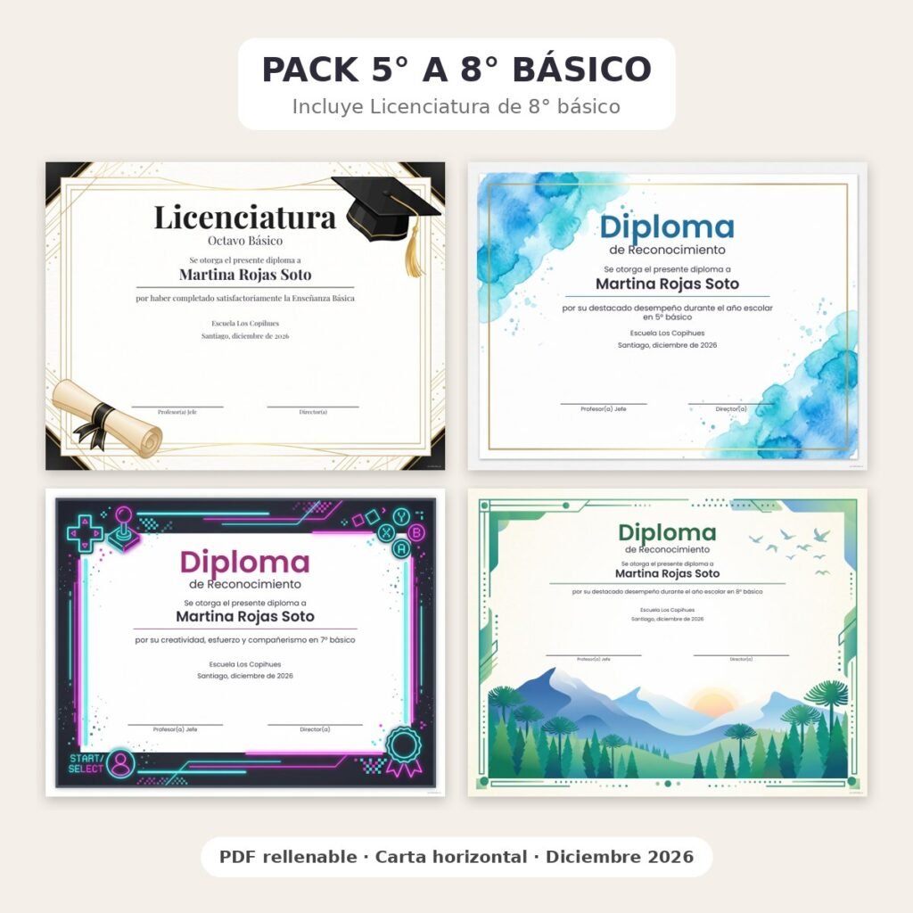 Pack Diplomas 5° a 8° básico · 4 diplomas