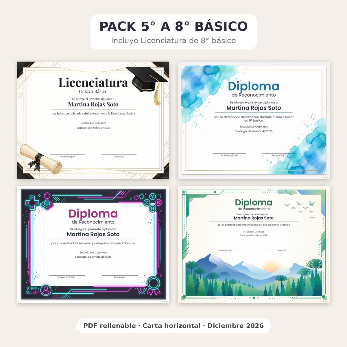 Pack Diplomas 5° a 8° básico · 4 diplomas