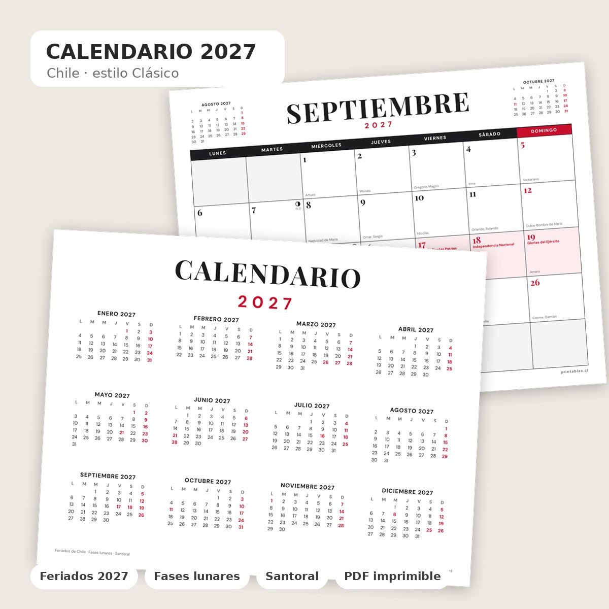 Calendario 2027 Chile · Clásico