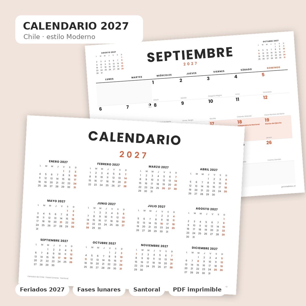 Calendario 2027 Chile · Moderno