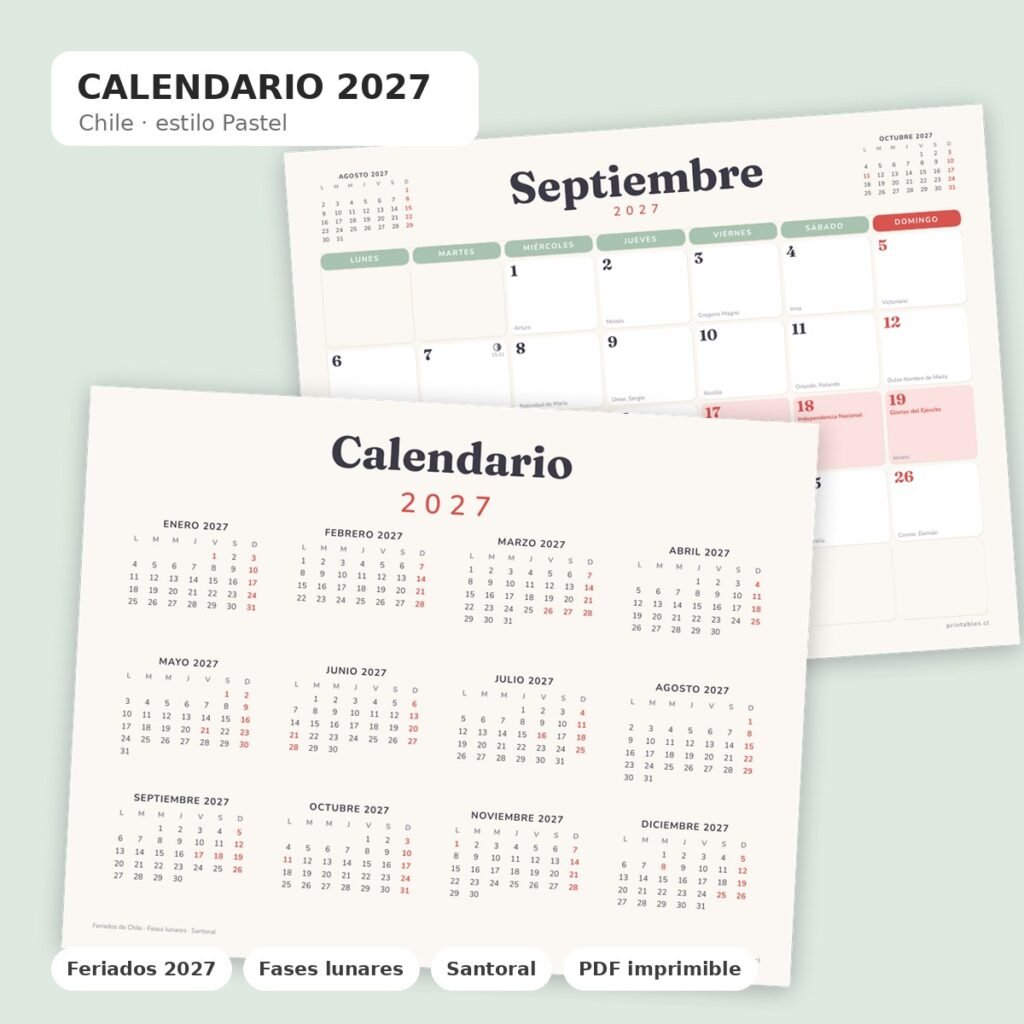 Calendario 2027 Chile · Pastel