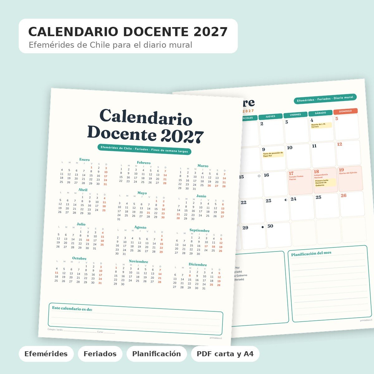 Calendario Docente 2027 · Efemérides de Chile