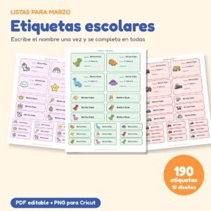 Etiquetas escolares con nombre editable: 190 etiquetas, 10 diseños
