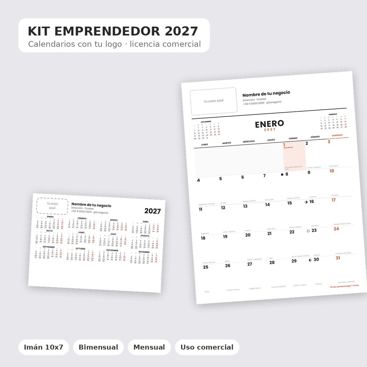 Kit Emprendedor 2027 · Calendarios con tu logo
