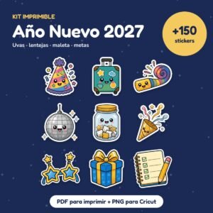 Kit Stickers Año Nuevo 2027: uvas, lentejas, maleta y metas