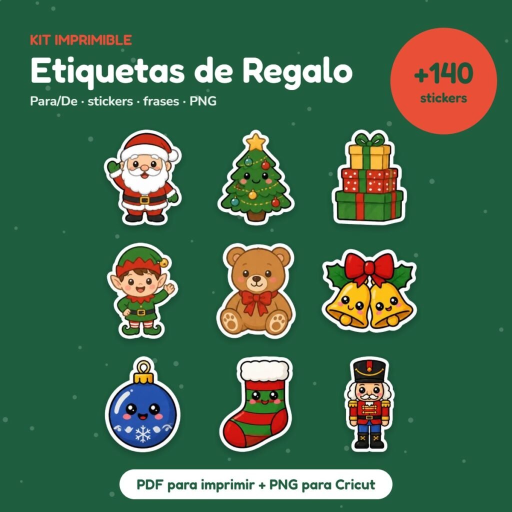Kit Etiquetas de Regalo Navideñas: Para/De y stickers para envolver