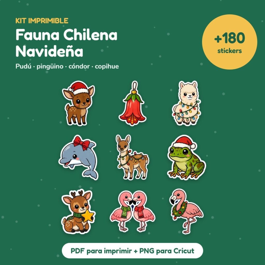 Kit Stickers Fauna Chilena Navideña: pudú, pingüino, cóndor y más