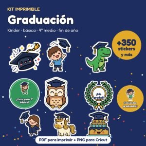 Kit Stickers de Graduación: +350 stickers, reconocimientos y toppers (kínder a 4° medio)