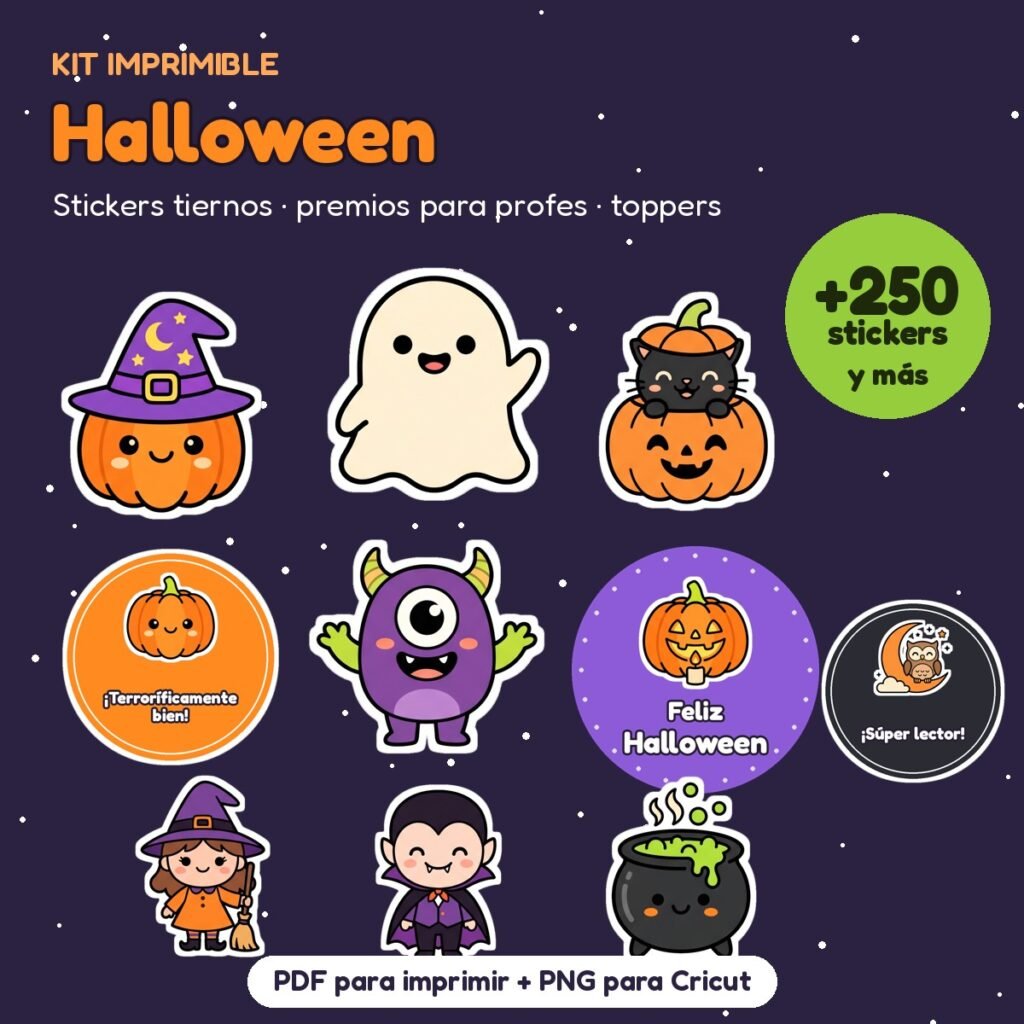Kit Stickers de Halloween: +250 stickers, premios para profes y toppers
