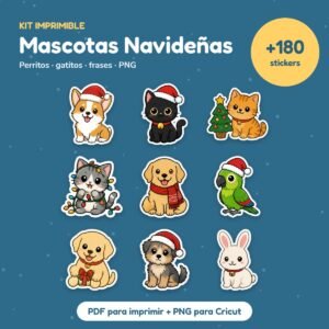 Kit Stickers Mascotas Navideñas: perritos y gatitos con gorro de Pascuero