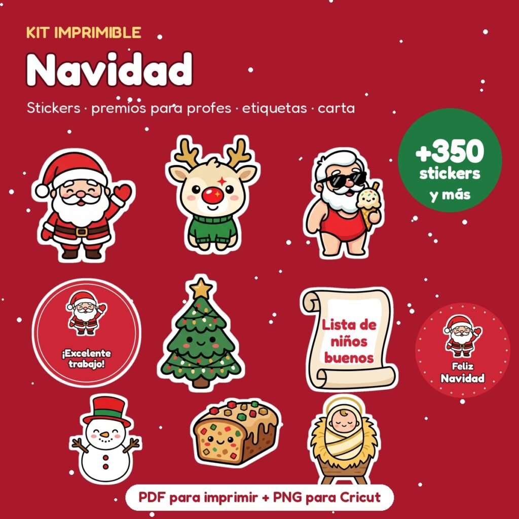 Kit Stickers de Navidad: +350 stickers, premios para profes y carta al Viejito Pascuero