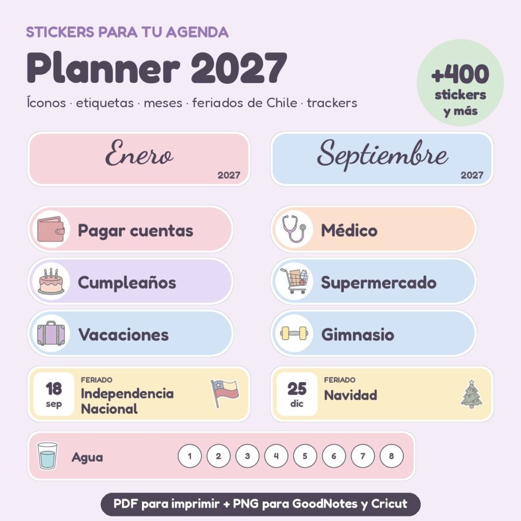 Kit Stickers Planner 2027: íconos, etiquetas, meses y feriados de Chile