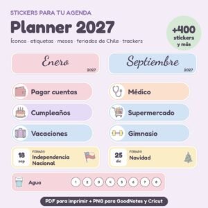 Kit Stickers Planner 2027: íconos, etiquetas, meses y feriados de Chile