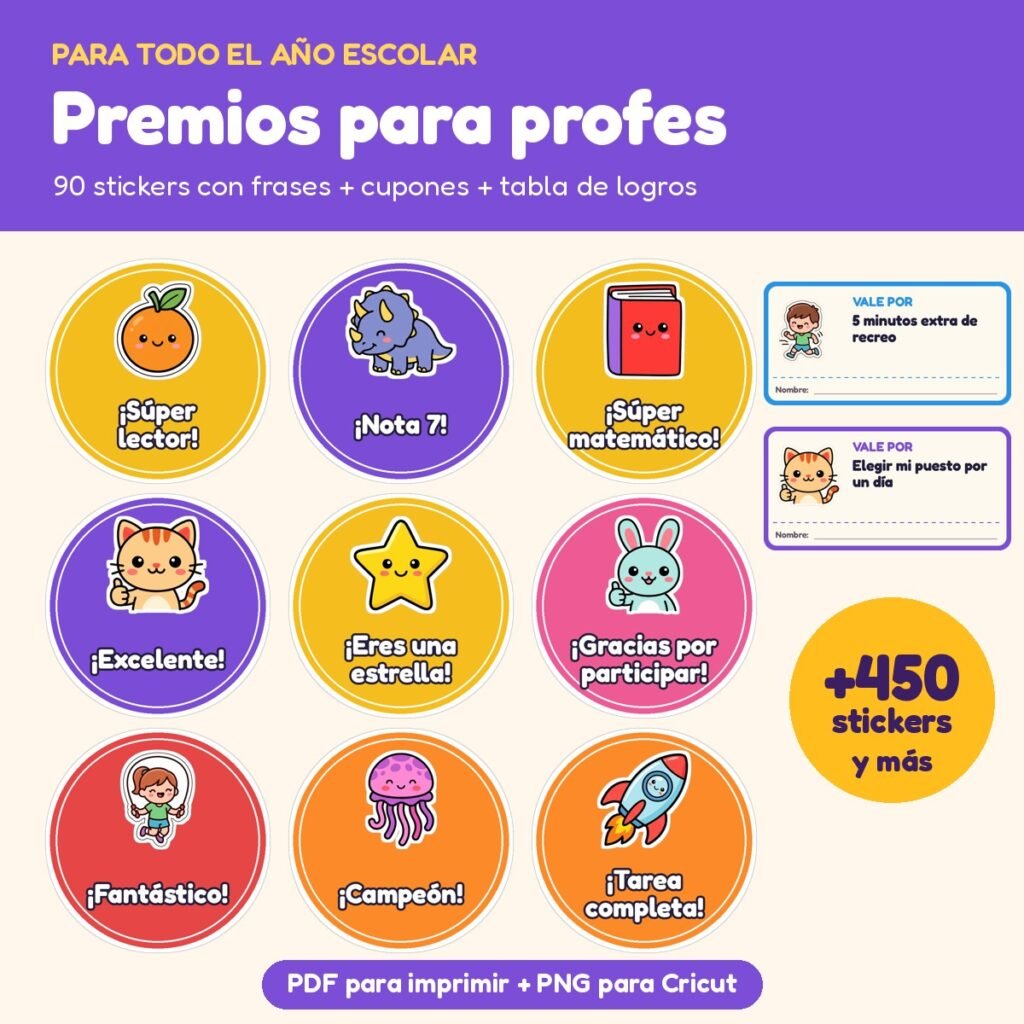 Kit Stickers de Premio para Profes: 90 premios con frases, cupones y tabla de logros