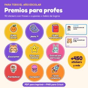 Kit Stickers de Premio para Profes: 90 premios con frases, cupones y tabla de logros