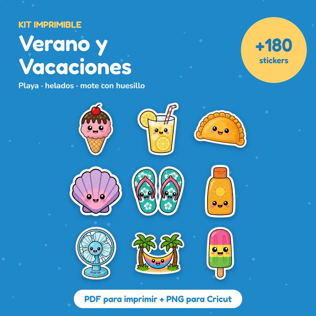 Kit Stickers Verano y Vacaciones: playa, mote con huesillo y más