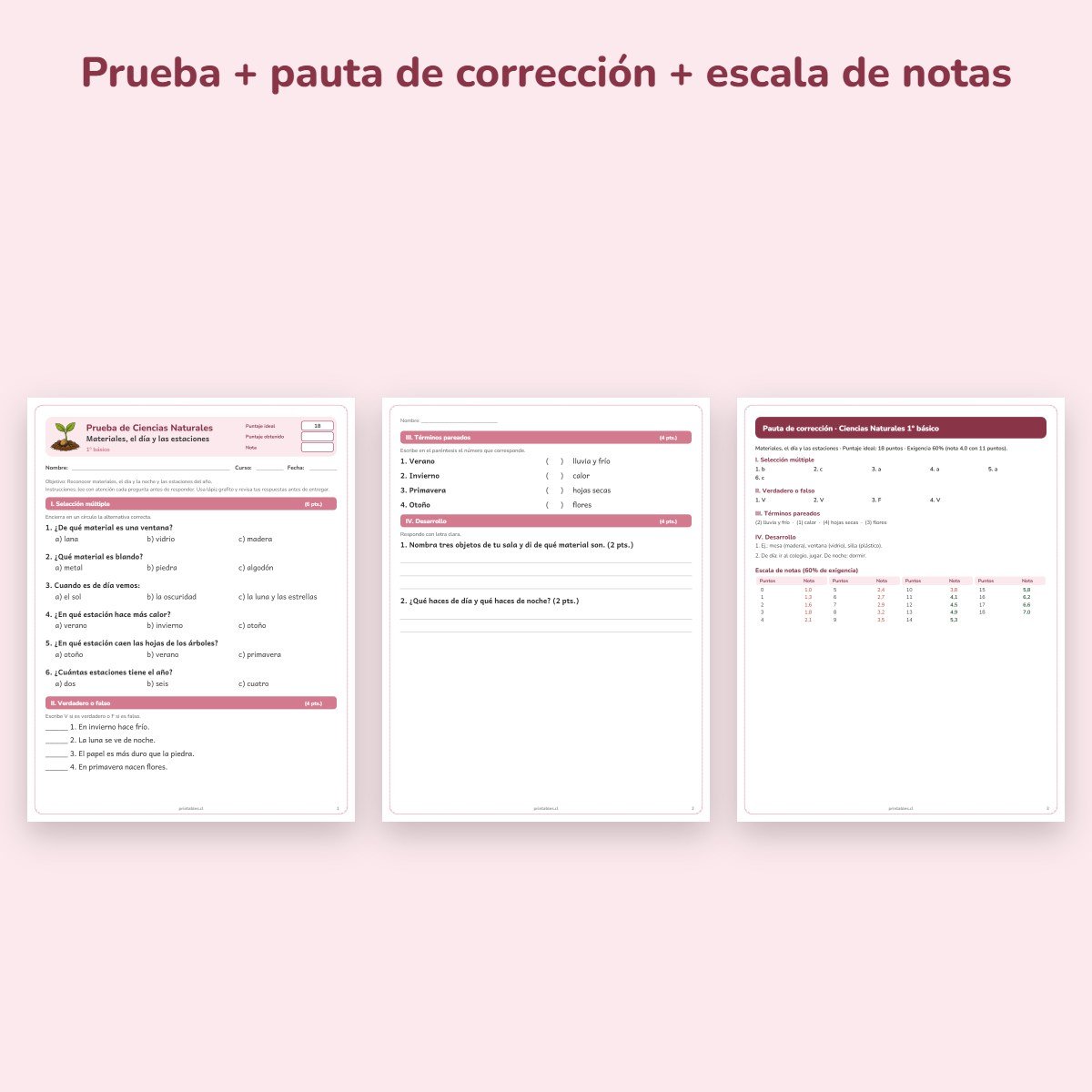 Páginas de muestra: Prueba de Ciencias Naturales 1° básico: Materiales, el día y las estaciones