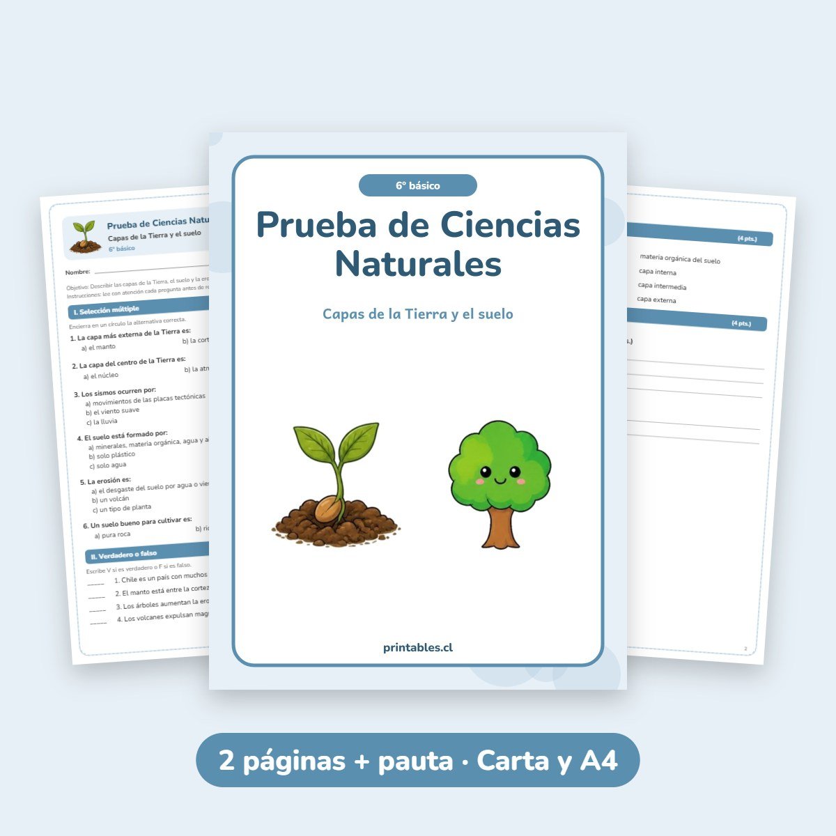 Prueba de Ciencias Naturales 6° básico: Capas de la Tierra y el suelo