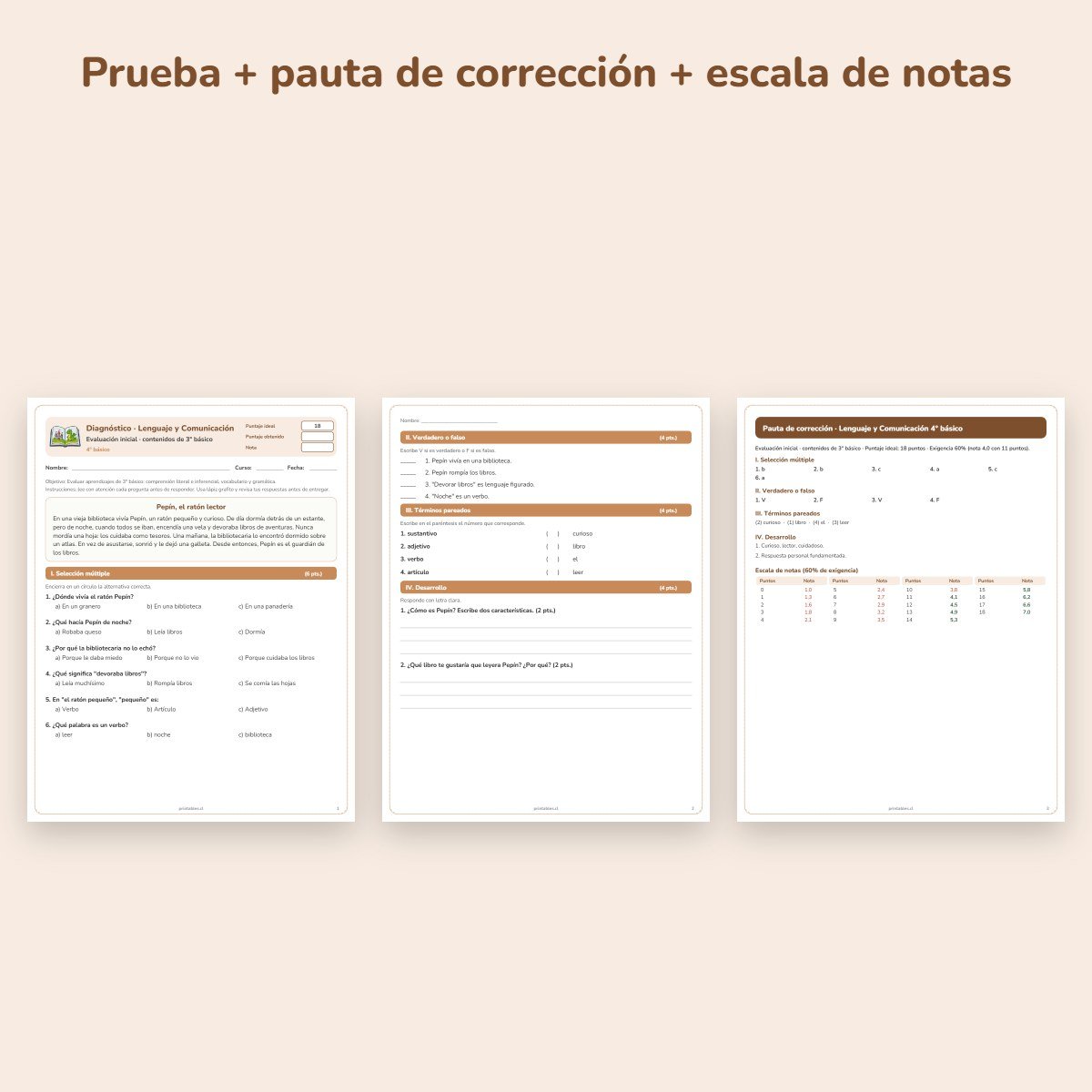 Páginas de muestra: Prueba de diagnóstico Lenguaje 4° básico