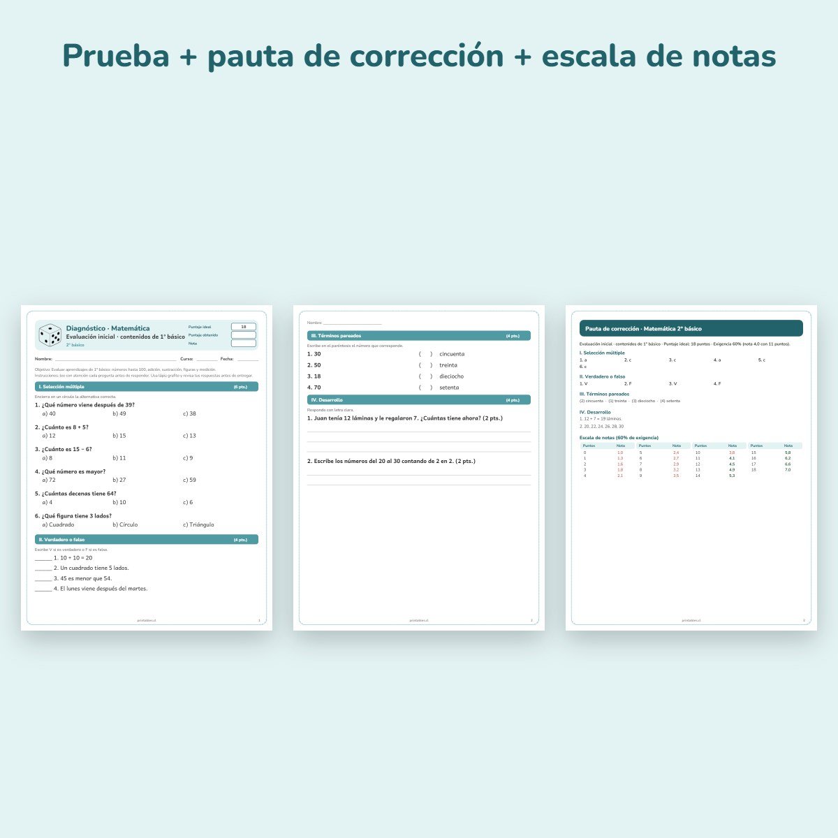 Páginas de muestra: Prueba de diagnóstico Matemática 2° básico