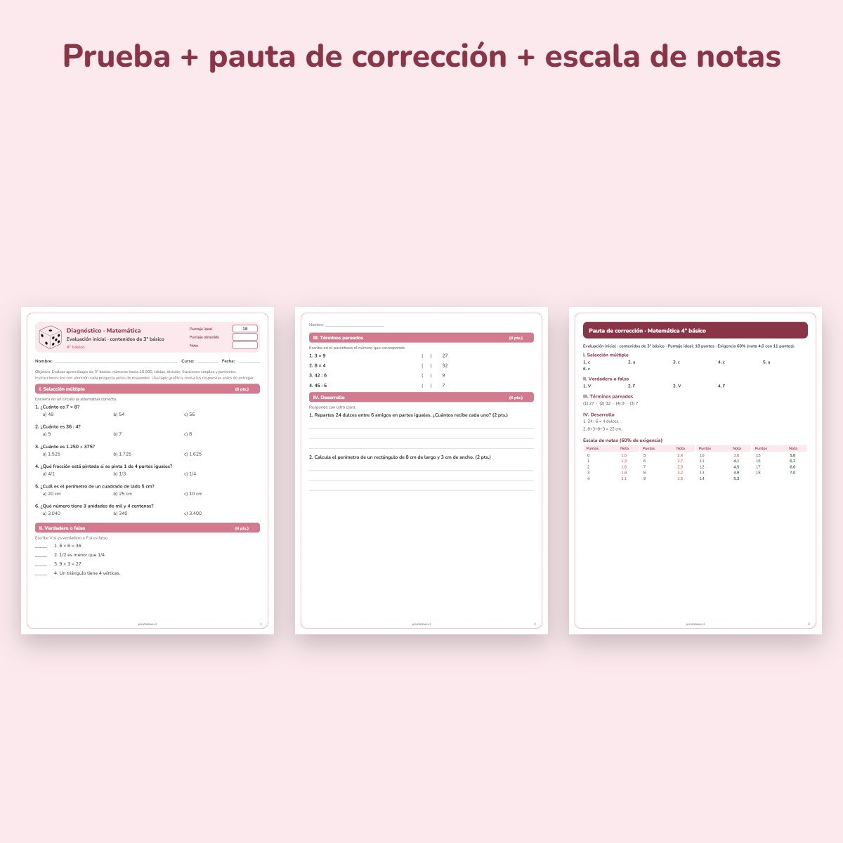 Páginas de muestra: Prueba de diagnóstico Matemática 4° básico