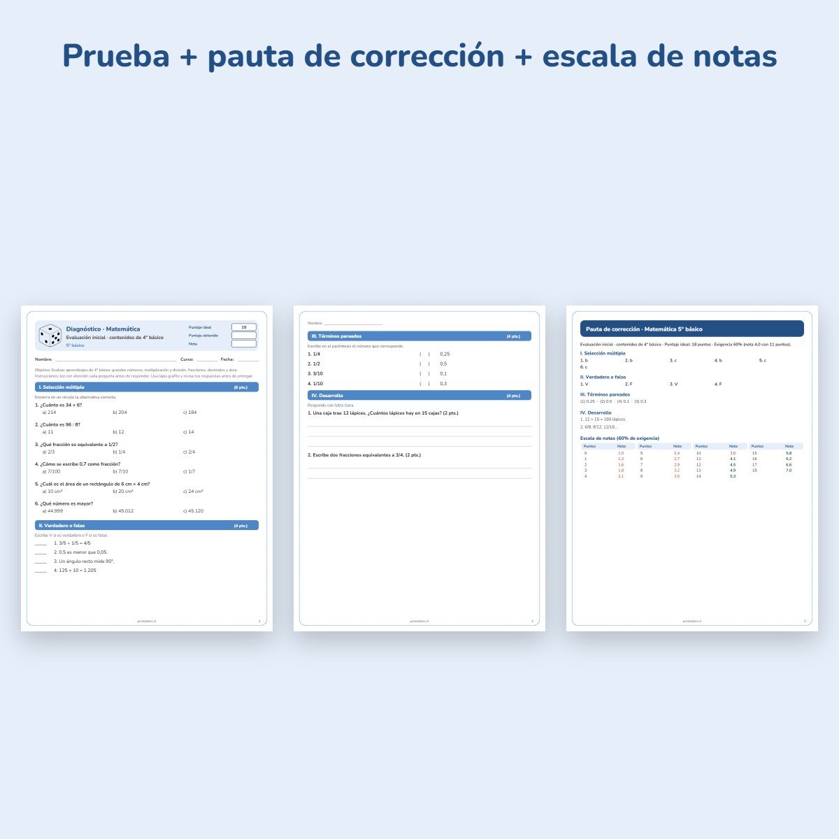 Páginas de muestra: Prueba de diagnóstico Matemática 5° básico