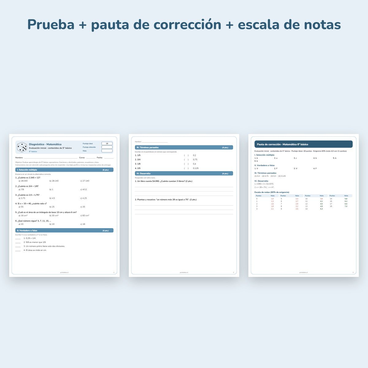 Páginas de muestra: Prueba de diagnóstico Matemática 6° básico