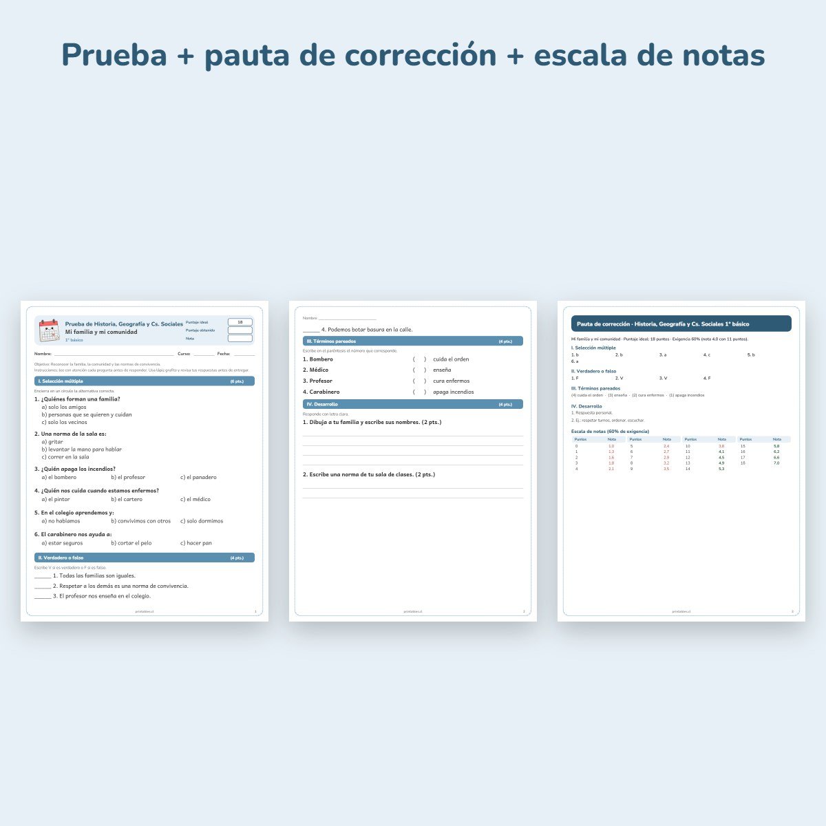 Páginas de muestra: Prueba de Historia 1° básico: Mi familia y mi comunidad