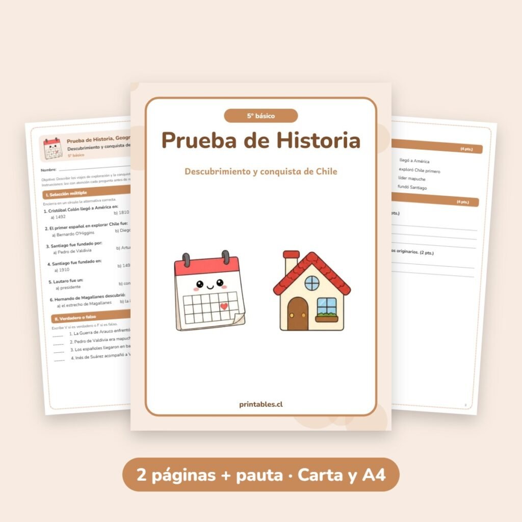 Prueba de Historia 5° básico: Descubrimiento y conquista de Chile