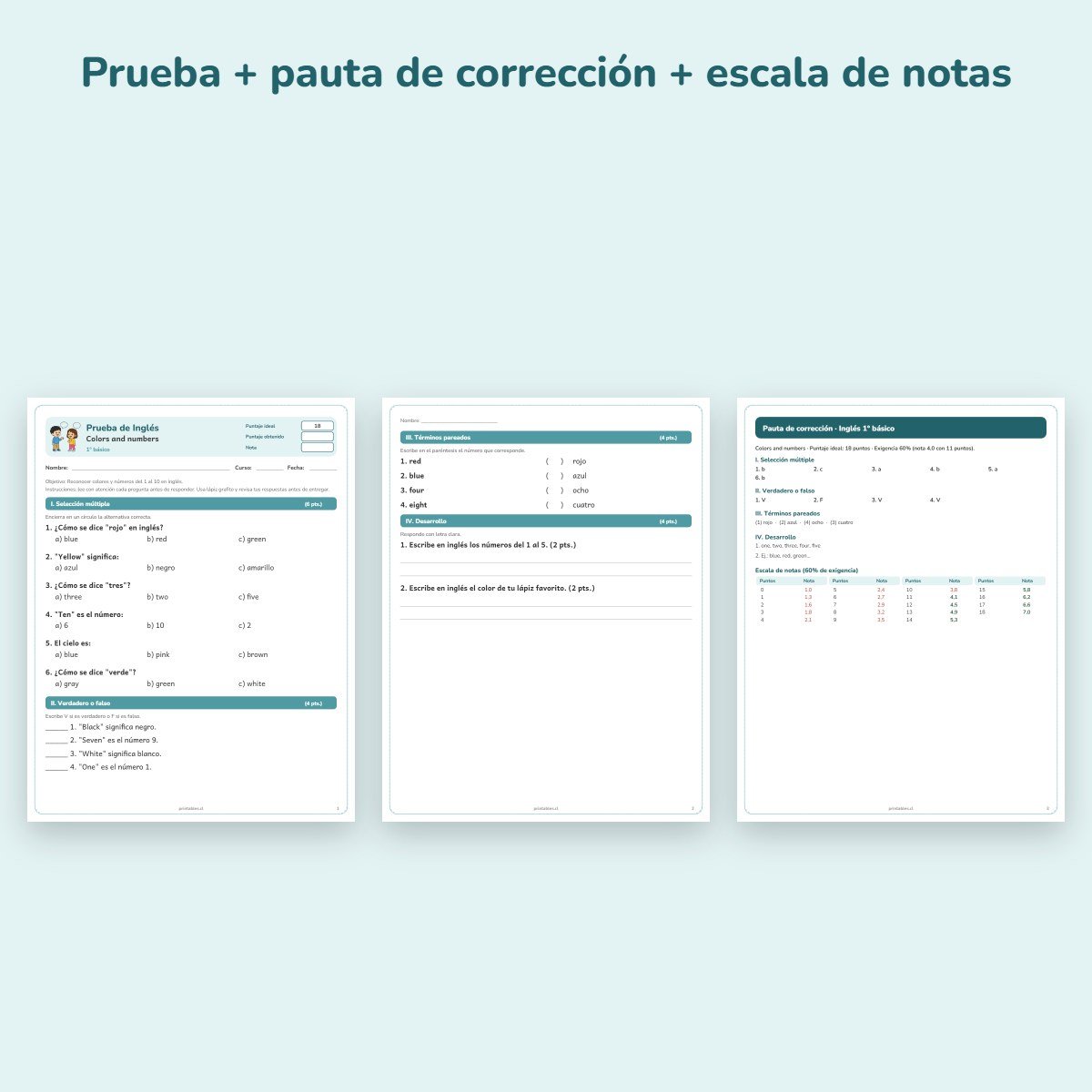Páginas de muestra: Prueba de Inglés 1° básico: Colors and numbers
