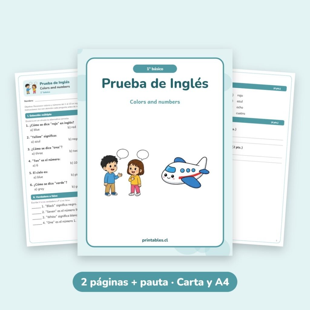 Prueba de Inglés 1° básico: Colors and numbers