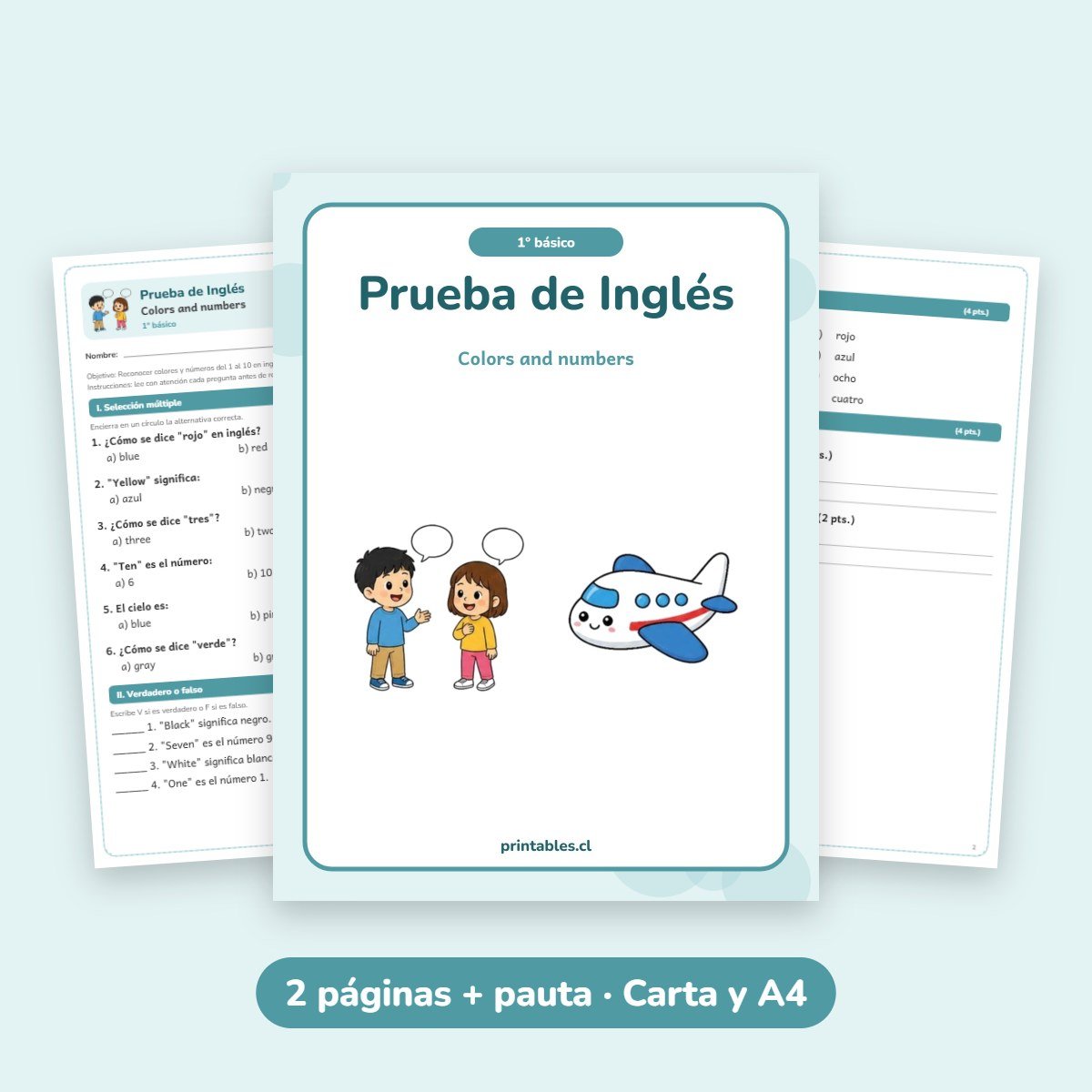 Prueba de Inglés 1° básico: Colors and numbers