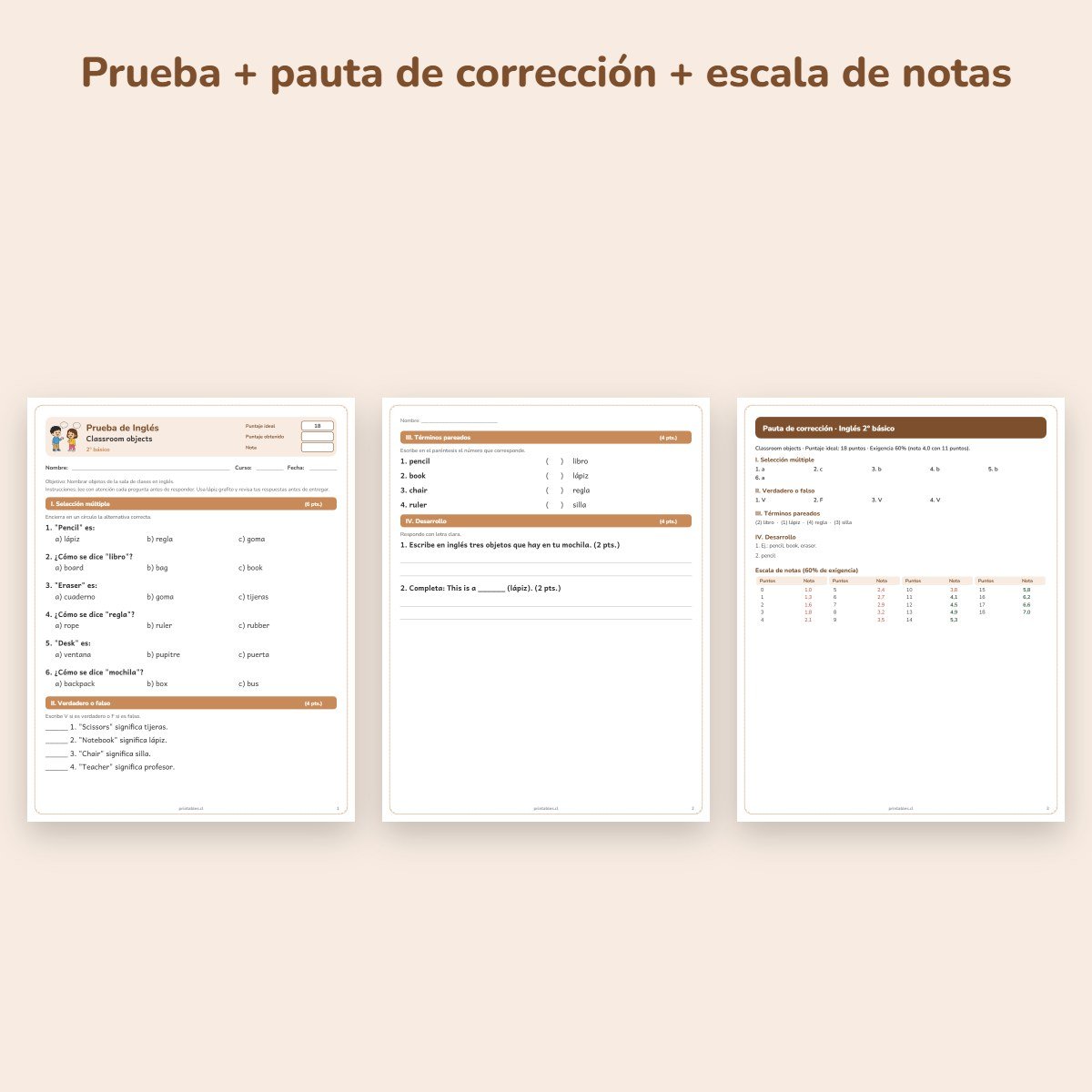 Páginas de muestra: Prueba de Inglés 2° básico: Classroom objects