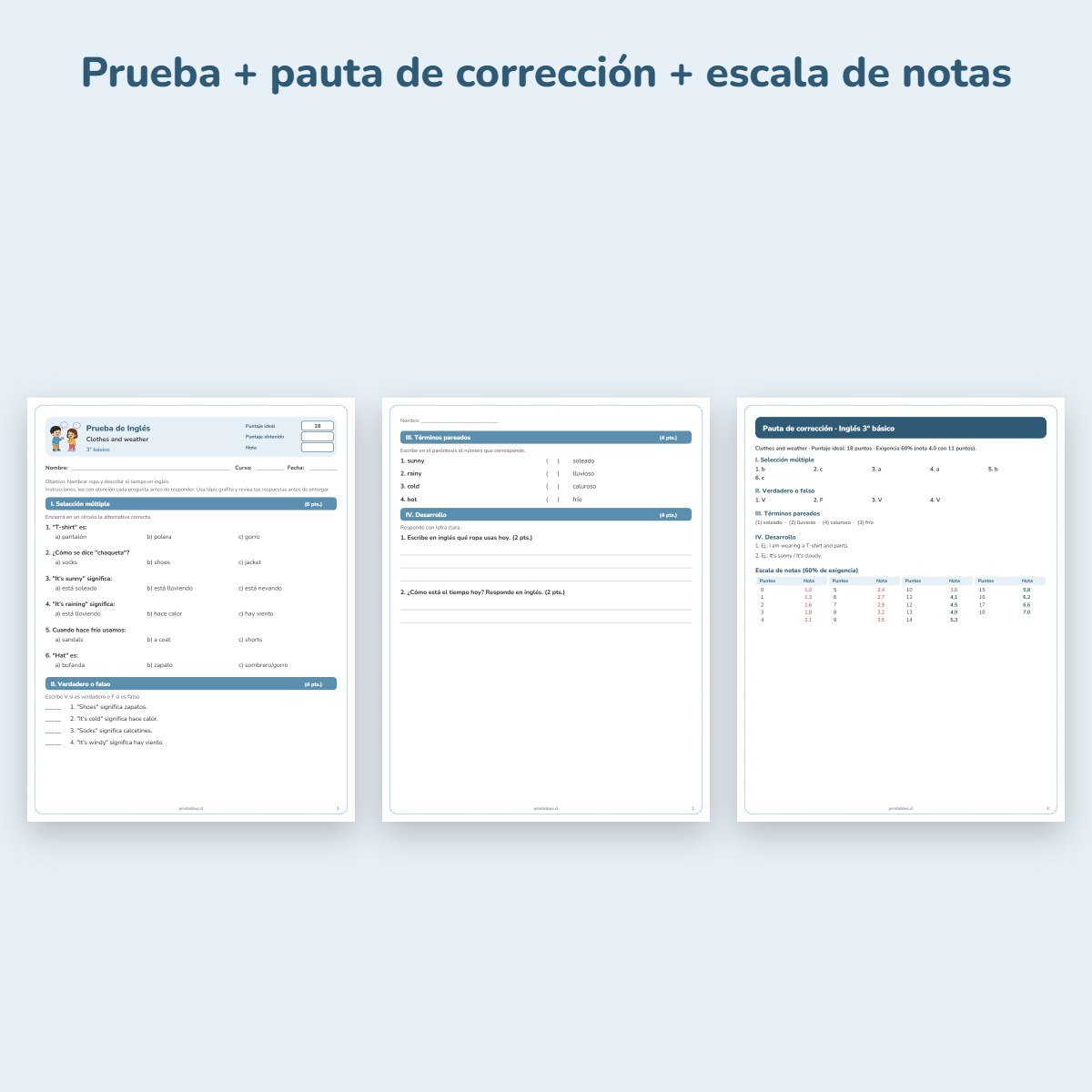 Páginas de muestra: Prueba de Inglés 3° básico: Clothes and weather
