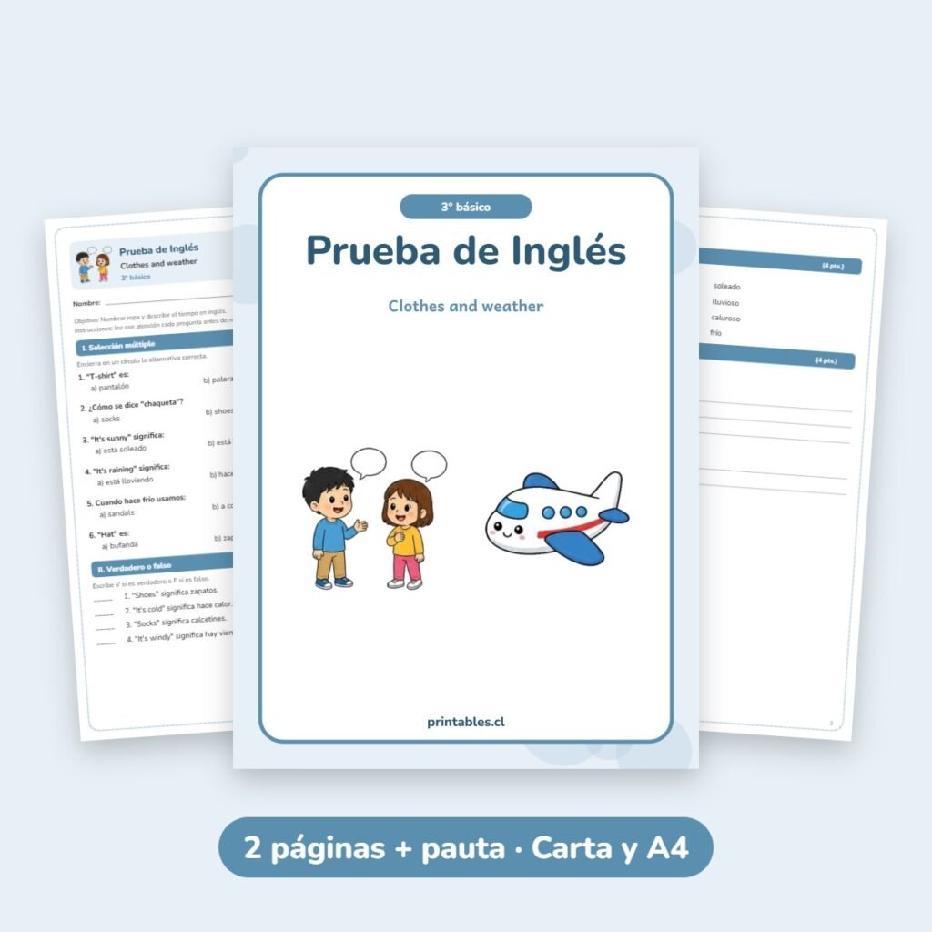 Prueba de Inglés 3° básico: Clothes and weather