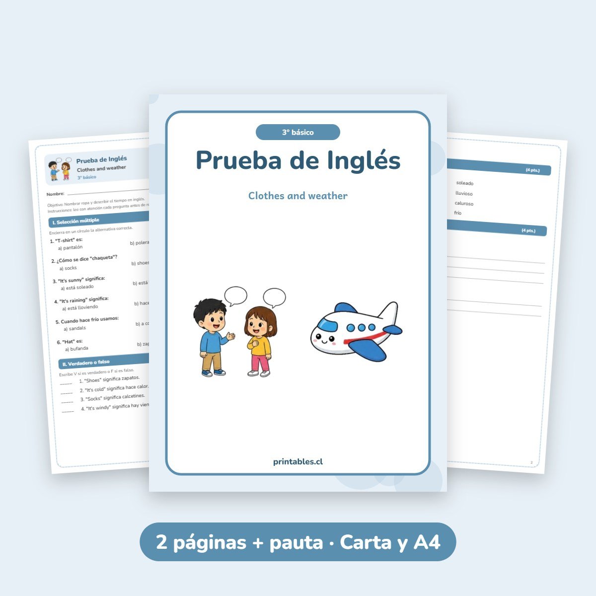 Prueba de Inglés 3° básico: Clothes and weather