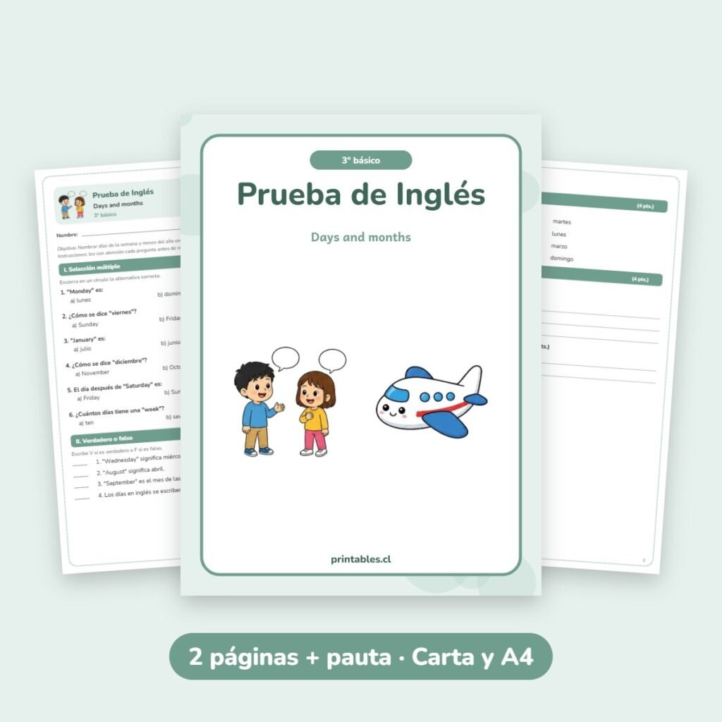 Prueba de Inglés 3° básico: Days and months