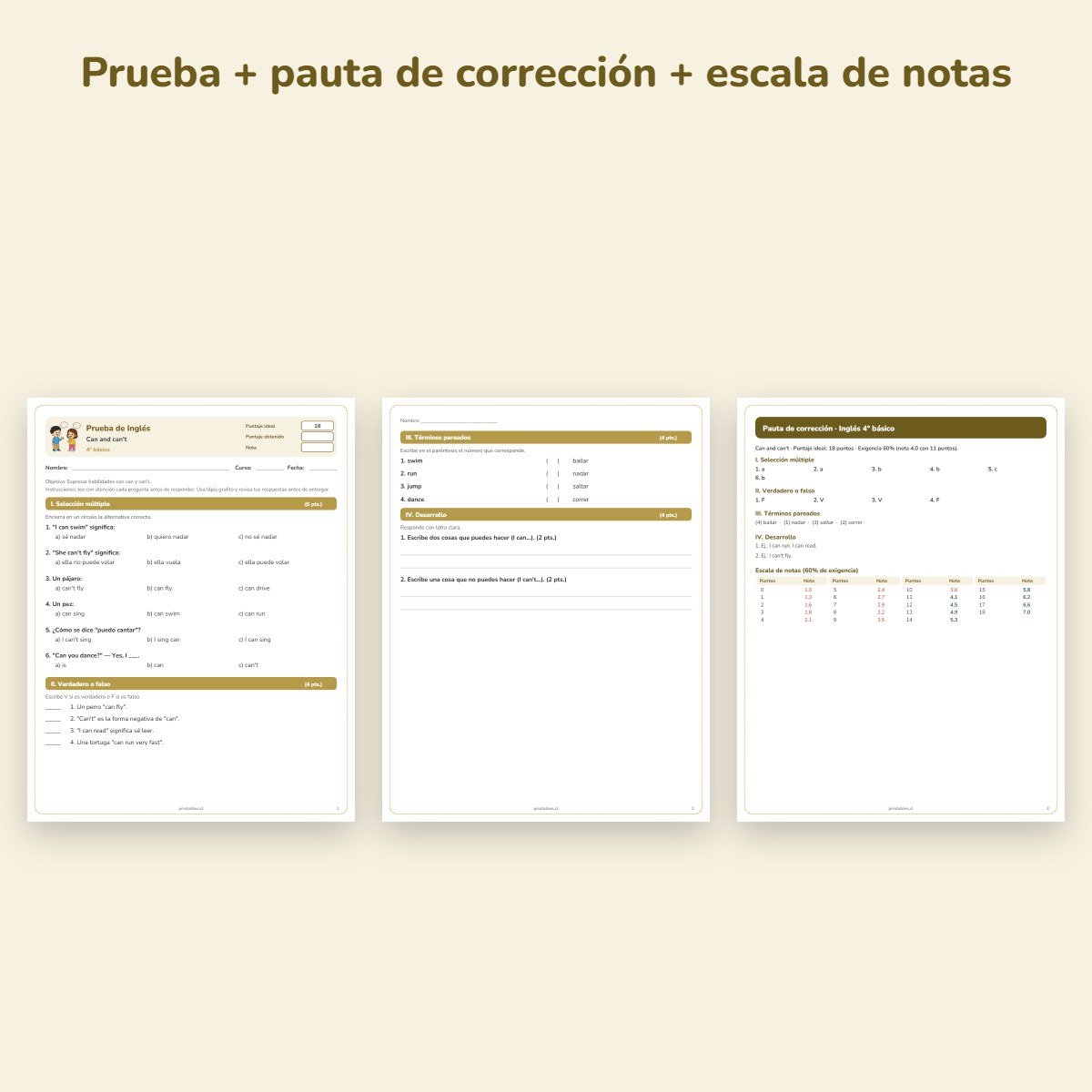 Páginas de muestra: Prueba de Inglés 4° básico: Can and can't